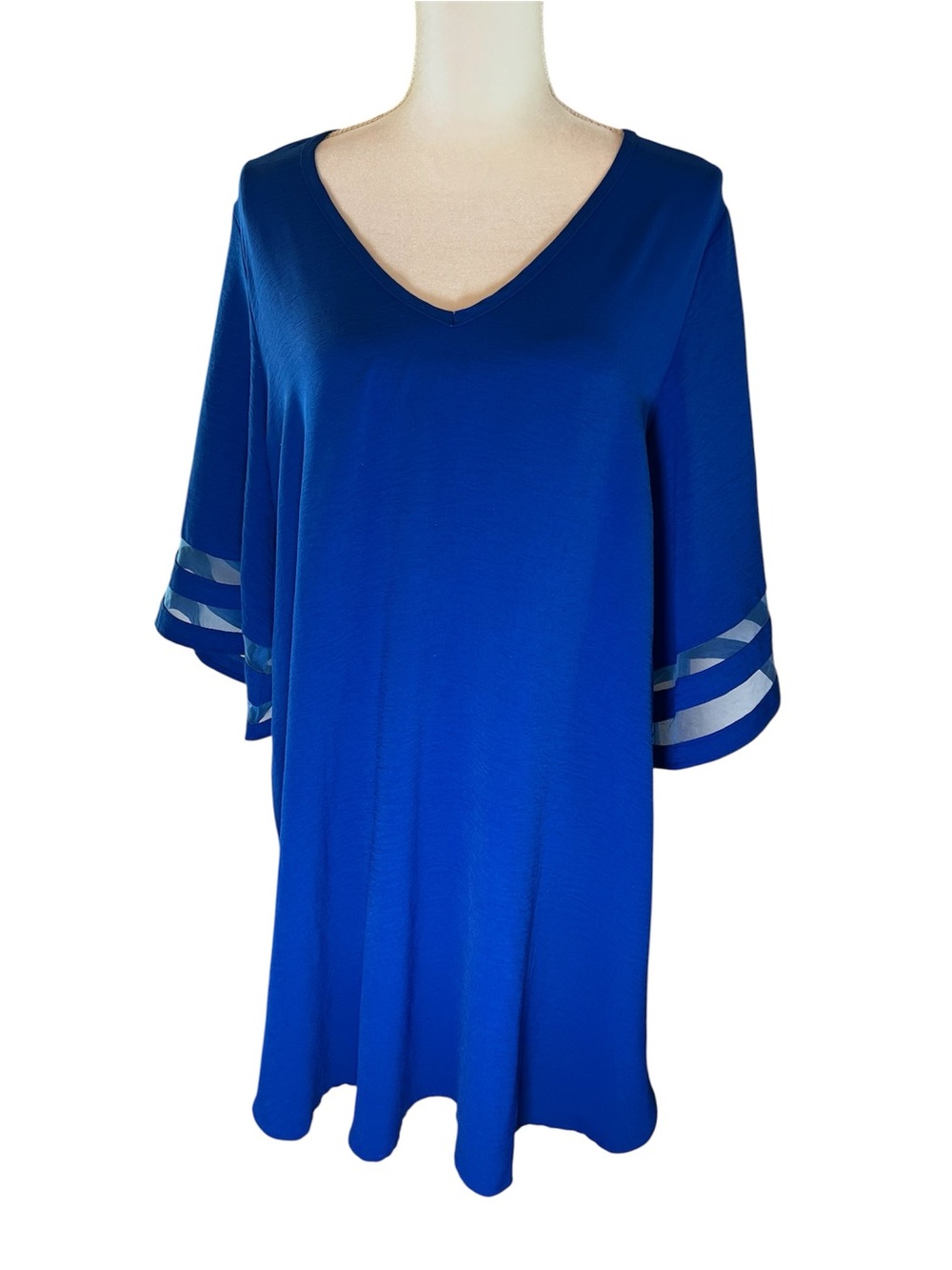 Women's Royal Blue V‑Neck Tunic with Sheer Stripe Sleeves